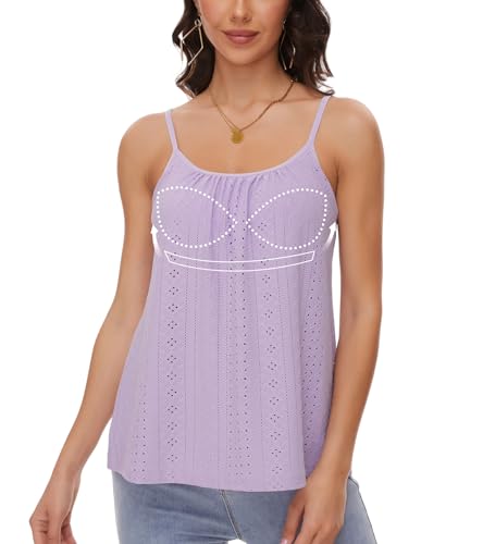 ANYFITTING Damen Eyelet Tank Tops mit Integriertem BH Ärmellose Spaghetti Strap Tops Damen Unterhemd BH Hemd mit U-Ausschnitt Loose Sommer Shirts Top Violett 3XL von ANYFITTING