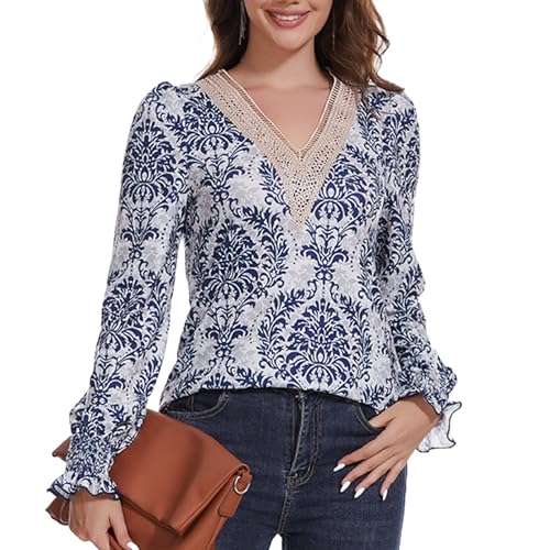 ANYFITTING Damen Hemd Freizeit Bluse Langarmshirt Elegant V-Ausschnitt Blumenmuster Lose Tunika Damen Langarm Sommer BlauGrau Druck L von ANYFITTING