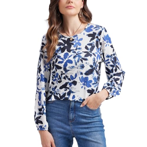 ANYFITTING Damen Langarmshirt Leichtes Rundhals Sweatshirt mit Blumenmuster Bequemes Freizeitshirt Tunika Oberteile Pullover Schwarzes Blatt S von ANYFITTING