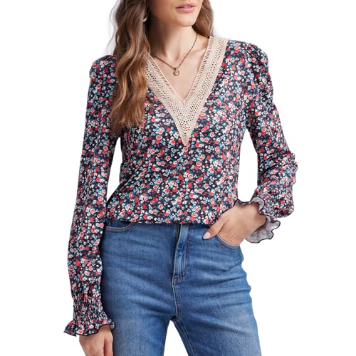 ANYFITTING Damen Langarmshirt Leichtes V-Ausschnitt mit Blumenmuster Bequemes Freizeitshirt Tunika Oberteile Kleine rote Blumen XXL von ANYFITTING