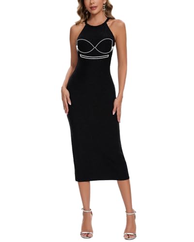 ANYFITTING Damen Paillettenkleid mit Intergriertem BH Figurbetonte Kleider Neckholder Glitzer Kleid Ärmellos Partykleid Sexy Party Cocktailkleid Schwarz S von ANYFITTING