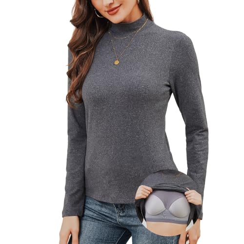 ANYFITTING Damen Rollkragenshirt mit Integriertem BH Slim Fit Shirt Turtleneck Basic Rollkragenpullover Langarmshirts für Frauen Long Sleeve Grau S von ANYFITTING