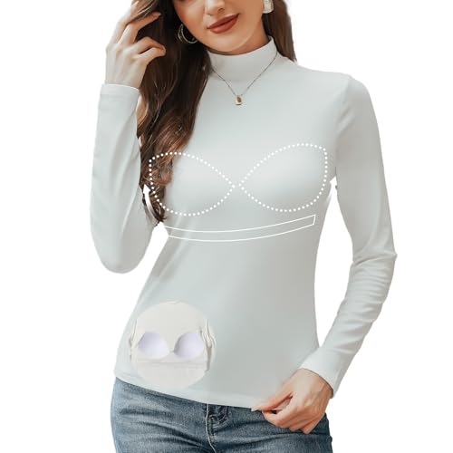 ANYFITTING Damen Rollkragenshirt mit Integriertem BH Slim Fit Shirt Turtleneck Basic Rollkragenpullover Langarmshirts für Frauen Long Sleeve Weiß S von ANYFITTING