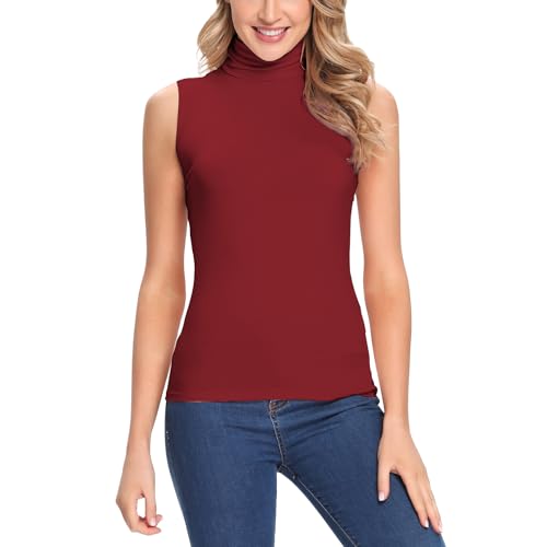 ANYFITTING Damen Shirt Top Rollkragen Ärmellos Rollkragenshirt Oberteil Unterziehrolli Sleeveless Einfarbig Rollkragenpullover Burgunderrot M von ANYFITTING