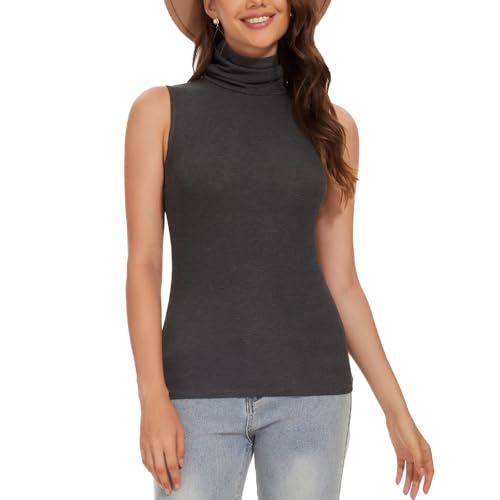 ANYFITTING Damen Shirt Top Rollkragen Ärmellos Rollkragenshirt Oberteil Unterziehrolli Sleeveless Einfarbig Rollkragenpullover Grau M von ANYFITTING