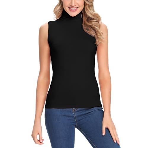 ANYFITTING Damen Shirt Top Rollkragen Ärmellos Rollkragenshirt Oberteil Unterziehrolli Sleeveless Einfarbig Rollkragenpullover Schwarz L von ANYFITTING
