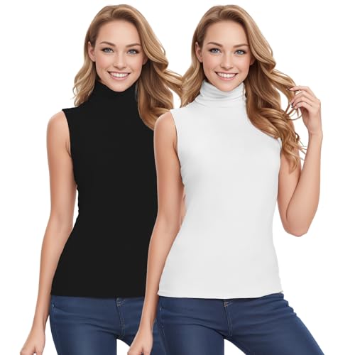 ANYFITTING Damen Shirt Top Rollkragen Ärmellos Rollkragenshirt Oberteil Unterziehrolli Sleeveless Einfarbig Rollkragenpullover Schwarz Weiß S von ANYFITTING