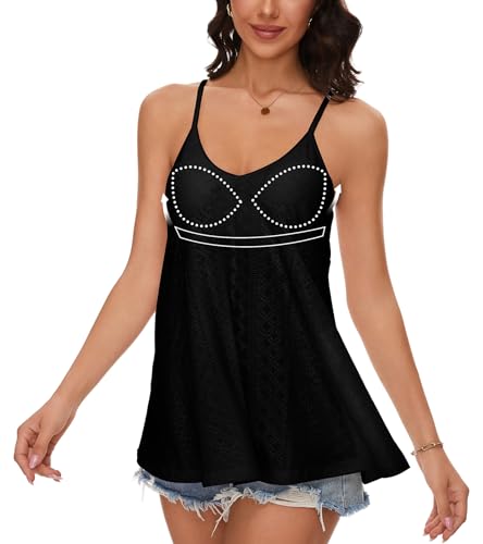 ANYFITTING Damen Sommer Casual Tank Top mit Integriertem BH V-Ausschnitt Oberteil Spaghettiträger Top Sexy Cami Top BH Hemdchen Locker Basic Schwarz mit Loch 3XL von ANYFITTING