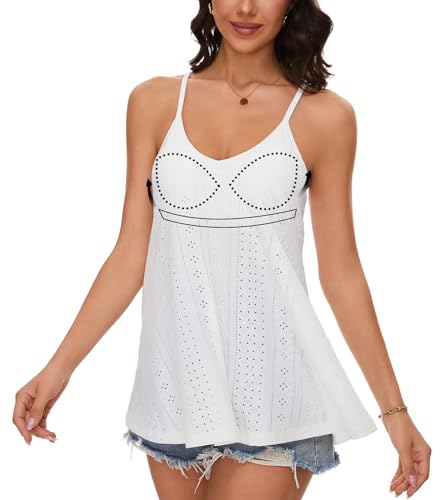 ANYFITTING Damen Sommer Casual Tank Top mit Integriertem BH V-Ausschnitt Oberteil Spaghettiträger Top Sexy Cami Top BH Hemdchen Locker Basic Weiß mit Loch 2XL von ANYFITTING