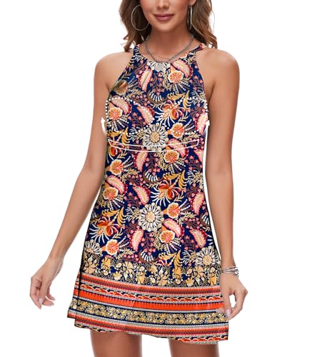 ANYFITTING Damen Sommerkleid mit Intergriertem BH Ärmelloses Sommerkleider Elegant Neckholder Kleider A Linie MiniKleid Blau mit Blumen XL von ANYFITTING