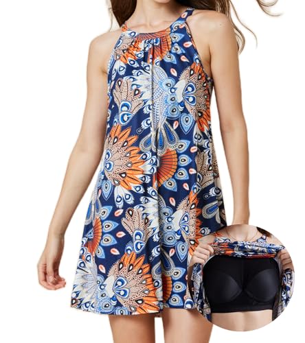 ANYFITTING Damen Sommerkleid mit Intergriertem BH Ärmelloses Sommerkleider Elegant Neckholder Kleider A Linie MiniKleid Blau mit bunten Federn S von ANYFITTING