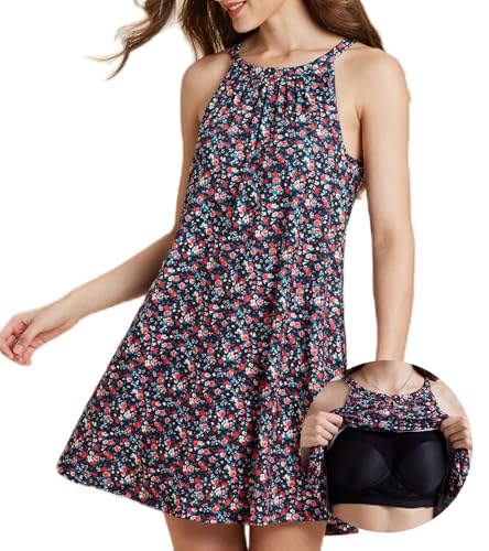 ANYFITTING Damen Sommerkleid mit Intergriertem BH Ärmelloses Sommerkleider Elegant Neckholder Kleider A Linie MiniKleid Buntem Floral L von ANYFITTING