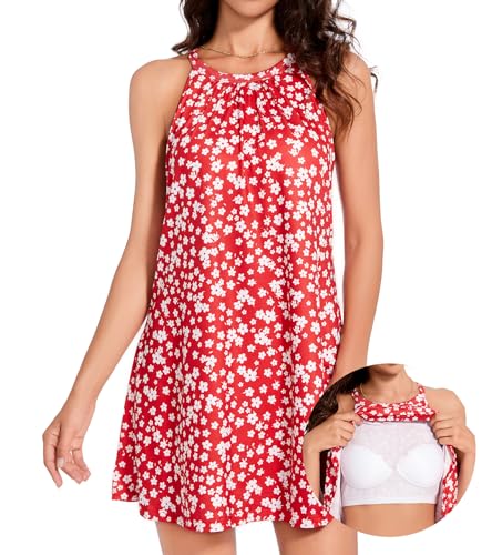ANYFITTING Damen Sommerkleid mit Intergriertem BH Ärmelloses Sommerkleider Elegant Neckholder Kleider A Linie MiniKleid Rot Floral XL von ANYFITTING