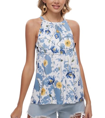 ANYFITTING Damen Tank Top mit Integriertem BH Ärmellose Neckholder Tops Unterhemd BH Hemd Loose Tops BH Top Damen mit Cups Blau mit Blumen XXL von ANYFITTING