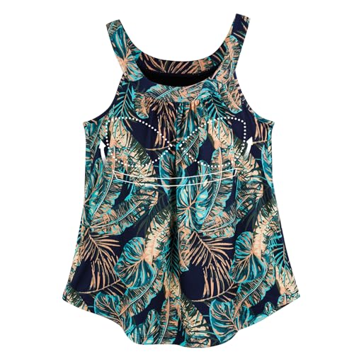 ANYFITTING Damen Tank Top mit Integriertem BH Ärmellose Rundhalsausschnitt Shirt mit BH Oberteil mit BH Integriert Hemdchen Unterhemd BH Hemd Loose Tops Marineblau Blatt M von ANYFITTING