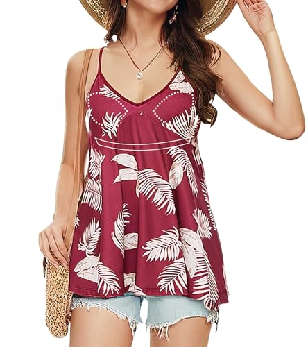 ANYFITTING Damen Top Mit Unterhemd BH-Hemd V-Ausschnitt Basic Tank Tops Spaghetti Strap Tops Loose Sommer Shirts Top Burgunderrot mit Blätter XL von ANYFITTING