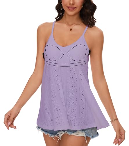 ANYFITTING Damen Top Mit Unterhemd BH-Hemd V-Ausschnitt Basic Tank Tops Spaghetti Strap Tops Loose Sommer Shirts Top Violett mit Loch S von ANYFITTING