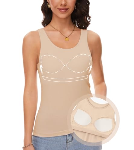 ANYFITTING Damen Top mit Integriertem BH Breiter Riemen Basic Cami Tanks Rundhalsausschnitt Cami Bluse BH Hemd Damen mit Cups Sommer M von ANYFITTING
