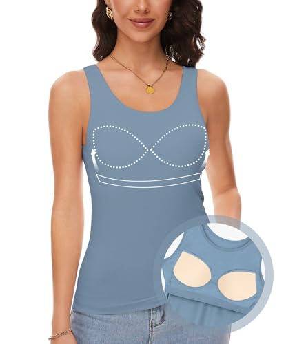 ANYFITTING Damen Top mit Integriertem BH Breiter Riemen Basic Cami Tanks Rundhalsausschnitt Cami Bluse BH Hemd Damen mit Cups Sommer M von ANYFITTING