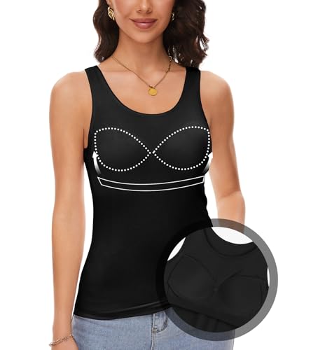 ANYFITTING Damen Top mit Integriertem BH Breiter Riemen Basic Cami Tanks Rundhalsausschnitt Cami Bluse BH Hemd Damen mit Cups Sommer XL von ANYFITTING