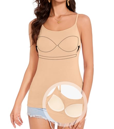 ANYFITTING Damen Top mit Integriertem BH Breiter Riemen Basic Cami Tanks Rundhalsausschnitt Cami Bluse BH Hemd Damen mit Cups SommerM von ANYFITTING