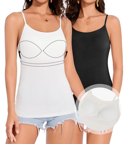 ANYFITTING Damen Top mit Integriertem BH Breiter Riemen Basic Cami Tanks Rundhalsausschnitt Cami Bluse BH Hemd Damen mit Cups SommerM von ANYFITTING