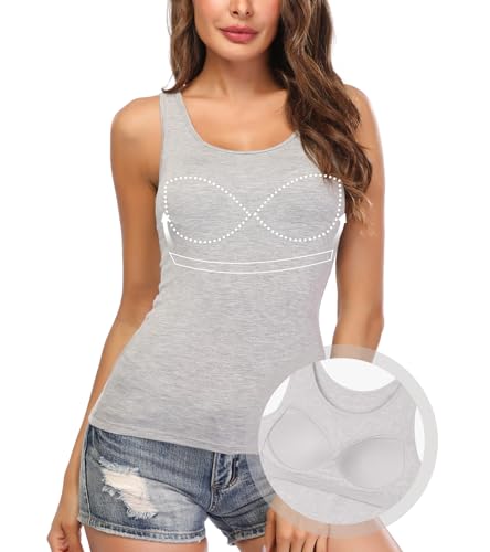 ANYFITTING Damen Unterhemd mit Integriertem BH Tank Top ärmellose Shirts Basic U-Ausschnitt Eingebauter BH Bügelloser Gepolstert Tank Tops Sommer Yoga S von ANYFITTING