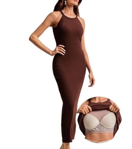 ANYFITTING Figurbetonte Kleider Damen mit Intergriertem BH Sommer Ärmellos Neckholder Bodycon Kleid Elegant Freizeitkleid Braun L von ANYFITTING