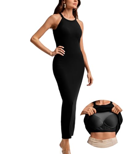 ANYFITTING Figurbetonte Kleider Damen mit Intergriertem BH Sommer Ärmellos Neckholder Bodycon Kleid Elegant Freizeitkleid Schwarz XL von ANYFITTING