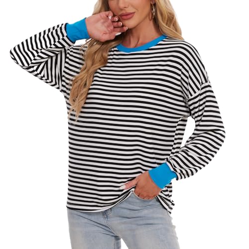 ANYFITTING Gestreiftes Langarmshirt Damen Rundhals Longsleeve mit Streifen Pullover Gestreifter Shirts Frauen Klassischer Oberteile SCHWARZ M von ANYFITTING