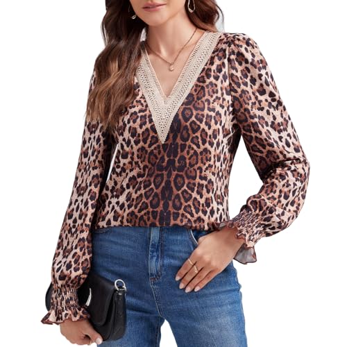 ANYFITTING Langarm Bluse Damen V-Neck Oberteil Weich Fallendes Langarmshirt Chic Elegante Langarmshirt für Jede Gelegenheit Gelbe Leopardenmuster M von ANYFITTING