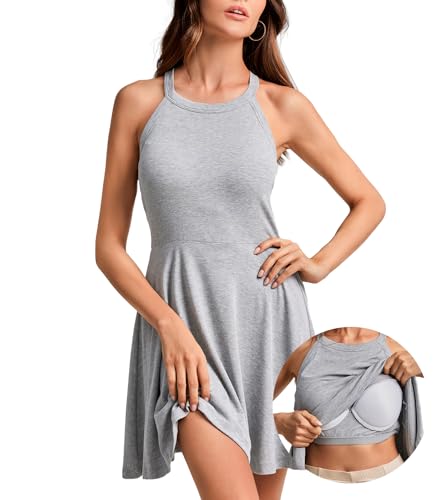 ANYFITTING Sommerkleid Damen mit Intergriertem BH Neckholder Sommerkleider Elegant Ärmelloses Kleider A Linie MiniKleid Hellgrau M von ANYFITTING