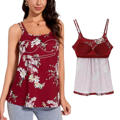 ANYFITTING Tanktop mit Integriertem BH Sommer Spaghetti Oberteile Ärmellose Tank Tops U-Ausschnitt Sexy Loose BH Hemden für Damen Workout Schlafen Reisen Burgunderrot mit Blumen 4XL von ANYFITTING