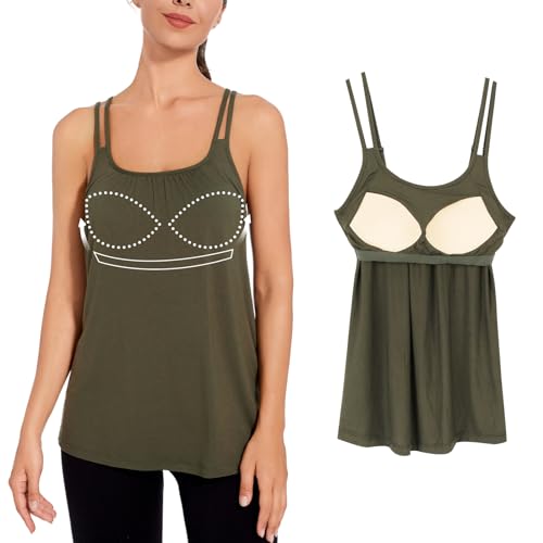 ANYFITTING Tanktop mit Integriertem BH Sommer Spaghetti Oberteile Ärmellose Tank Tops U-Ausschnitt Sexy Loose BH Hemden für Damen Workout Schlafen Reisen Olivgrün 3XL von ANYFITTING