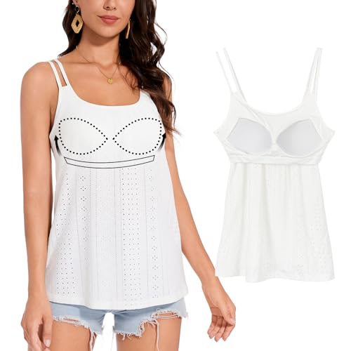 ANYFITTING Tanktop mit Integriertem BH Sommer Spaghetti Oberteile Ärmellose Tank Tops U-Ausschnitt Sexy Loose BH Hemden für Damen Workout Schlafen Reisen Weiß mit Loch 2XL von ANYFITTING