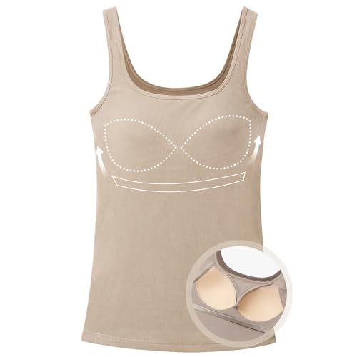 ANYFITTING Tanktop mit Integriertem BH U-Ausschnitt BH Hemd Damen mit Cups Ärmellose Basic Unterhemd für Frauen Wide Strap Camisole für Workout Schlafen Reisen Khaki L von ANYFITTING