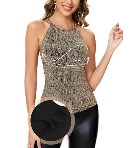 ANYFITTING Tanktops Frauen Sommer Unterhemden BH-Hemden für Damen Funkelnde Tops Glitzer Oberteile Rundhalsausschnitt Cami Bluse Funkelndes Gold XL von ANYFITTING