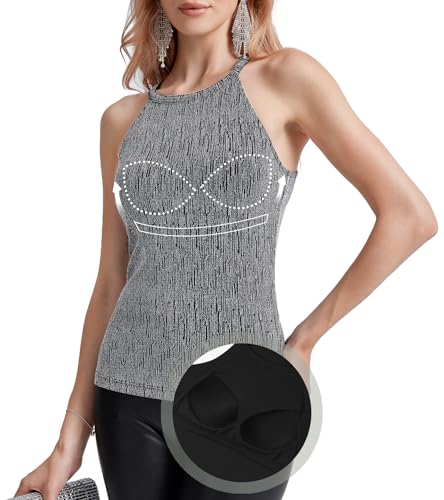 ANYFITTING Tanktops Frauen Sommer Unterhemden BH-Hemden für Damen Funkelnde Tops Glitzer Oberteile Rundhalsausschnitt Cami Bluse Funkelndes Silber XL von ANYFITTING