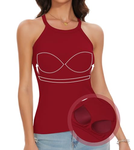 ANYFITTING Tanktops Frauen Sommer Unterhemden BH-Hemden für Damen Geripptes BH Hemdchen ohne Bügel Rundhalsausschnitt Cami Bluse Rotwein XL von ANYFITTING