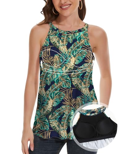 ANYFITTING Top Damen Sommer mit Integriertem BH Oberteile Neckholder Tank Top ärmellose Shirts Cami Bluse BH Hemden für Damen Blätter auf Blau XXL von ANYFITTING