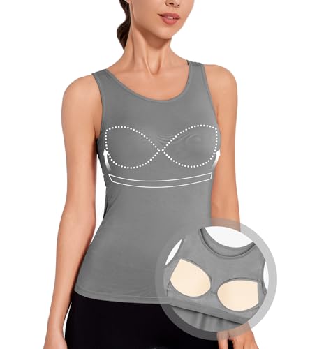 ANYFITTING Top Damen Sommer mit Integriertem BH Oberteile Spaghettiträger Tank Top Verstellbarer Riemen Basic Cami Tanks Shirt mit Integriertem BH L von ANYFITTING