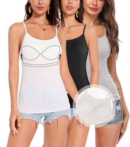ANYFITTING Top Damen Sommer mit Integriertem BH Oberteile Spaghettiträger Tank Top Verstellbarer Riemen Basic Cami Tanks Shirt mit Integriertem BHL von ANYFITTING