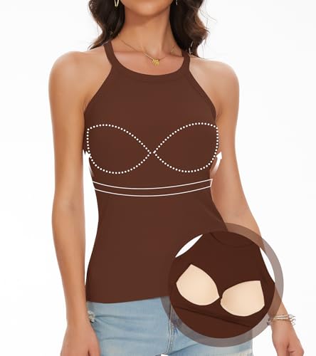 ANYFITTING Top Damen Sommer mit Integriertem BH ärmelloses Shirt Damen Neckholder Cami Bluse BH Hemden für Damen Geripptes Gerippt-braun M von ANYFITTING