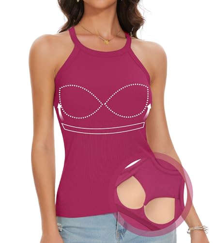 ANYFITTING Top Damen Sommer mit Integriertem BH ärmelloses Shirt Damen Neckholder Cami Bluse BH Hemden für Damen Geripptes Rosa Rot M von ANYFITTING