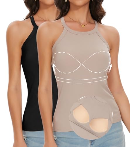 ANYFITTING Top Damen Sommer mit Integriertem BH ärmelloses Shirt Damen Neckholder Cami Bluse BH Hemden für Damen Geripptes Schwarz-Cremig M von ANYFITTING