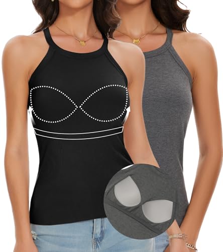ANYFITTING Top Damen Sommer mit Integriertem BH ärmelloses Shirt Damen Neckholder Cami Bluse BH Hemden für Damen Geripptes Schwarz-Grau M von ANYFITTING