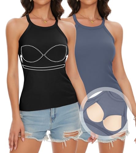 ANYFITTING Top Damen Sommer mit Integriertem BH ärmelloses Shirt Damen Neckholder Cami Bluse BH Hemden für Damen Geripptes Schwarz-Morandi Blau M von ANYFITTING