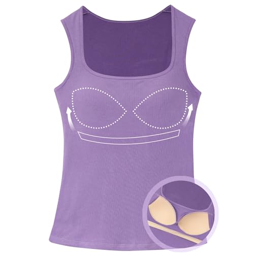 ANYFITTING Top mit Integriertem BH Damen Geripptes Tank Top Unterhemd BH Hemd Basic Trapezförmiger Kragen Shirt mit Integriertem BH Ärmellose Basic Tank Top für Frauen Wide Strap Yoga Violett S von ANYFITTING