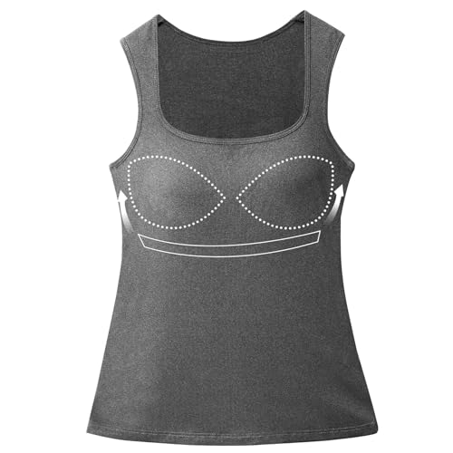 ANYFITTING Top mit Integriertem BH Damen Geripptes Tank Unterhemd Hemd Basic Trapezförmiger Kragen Shirt mit Integriertem BH Ärmellose Basic Tank Top für Frauen Wide Strap Yoga Grau S von ANYFITTING