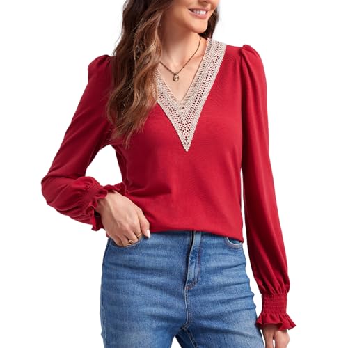 ANYFITTING V-Ausschnitt Damen Langarm Lässige Damen Oberteile Freizeit Langarmshirt Damen Elegant Hemd Burgunderrot M von ANYFITTING